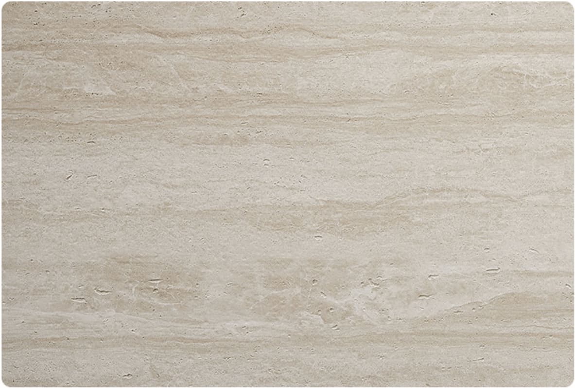 Cream travertine flexible stone panel – warm cream surface with soft horizontal flowing grain and fine natural pitted texture, flat lay close-up, rounded corners