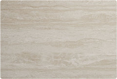 Cream travertine flexible stone panel – warm cream surface with soft horizontal flowing grain and fine natural pitted texture, flat lay close-up, rounded corners