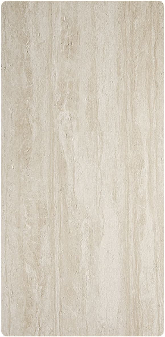 Cream travertine flexible stone veneer – vertical panel view showing warm cream surface with natural vertical flowing grain and fine pitted texture, white background rounded corners