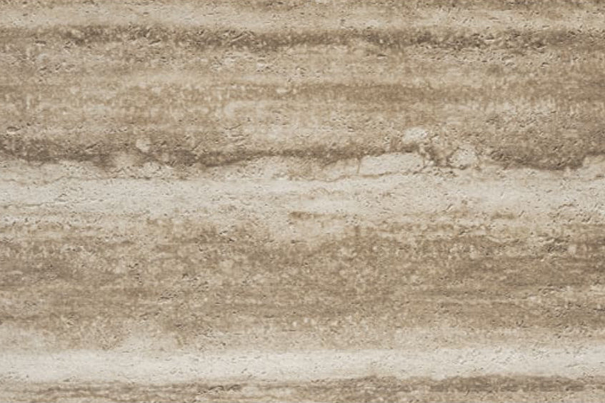 Earthy Stratum travertine flexible stone panel – Moka Walnut variant, flat lay close-up showing cool grey-brown surface with bold horizontal earthy layering and natural pitted texture