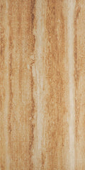 Earthy Stratum travertine flexible stone panel – Ochre Earth variant, vertical panel close-up showing deep ochre-brown rustic stratum texture with natural vertical grain and pore detail