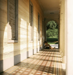 Earthy Stratum travertine flexible stone veneer – Tuscan Gold applied on exterior architectural surface, warm cream-gold horizontal stratum texture in natural outdoor setting