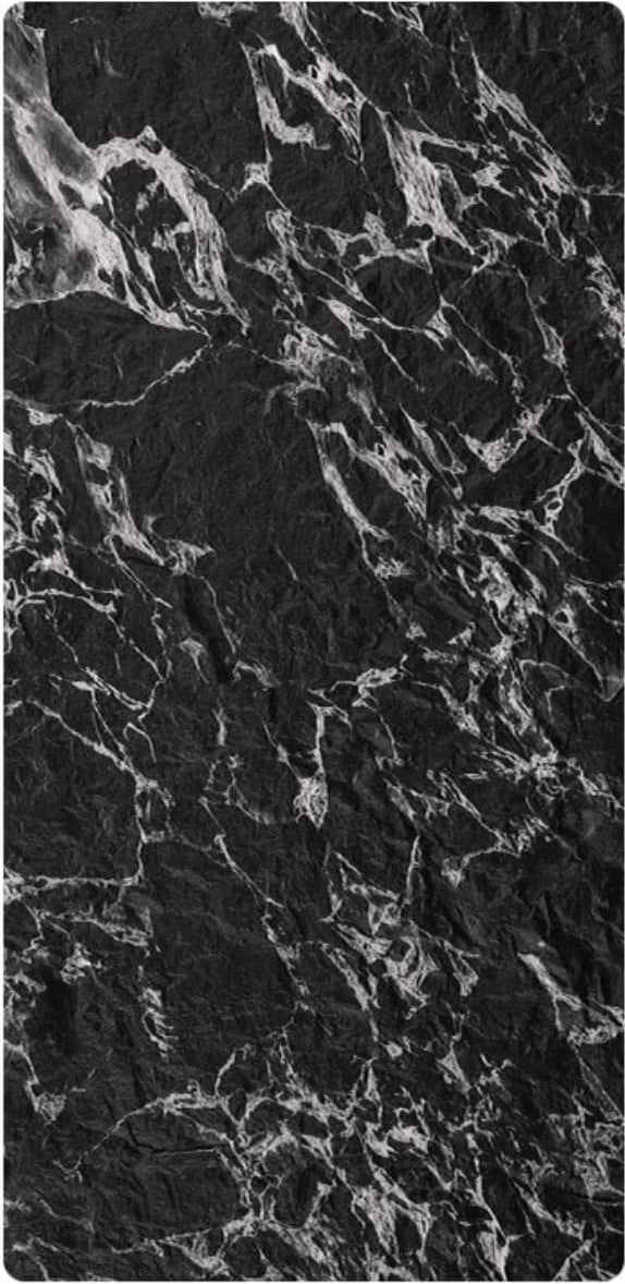Veined Black Basalt flexible stone veneer – vertical panel view showing bold silver-white vein network on deep black rugged surface, dark background