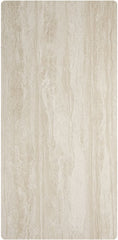 Cream travertine flexible stone veneer – vertical panel view showing warm cream surface with natural vertical flowing grain and fine pitted texture, white background rounded corners