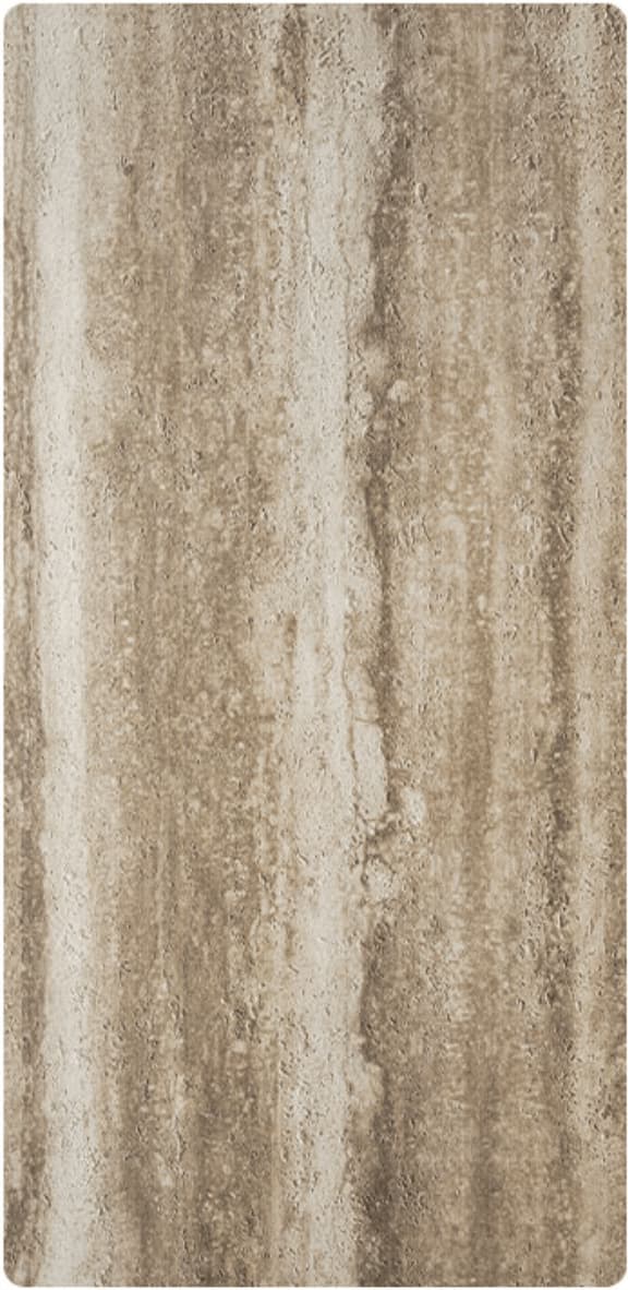  Earthy Stratum travertine flexible stone panel – Moka Walnut variant, vertical panel close-up showing warm grey-brown earthy stratum texture with natural vertical grain detail