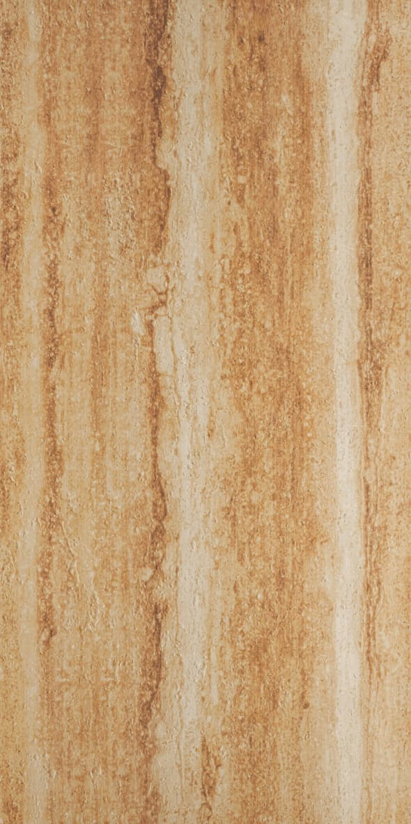 Earthy Stratum travertine flexible stone panel – Ochre Earth variant, vertical panel close-up showing deep ochre-brown rustic stratum texture with natural vertical grain and pore detail