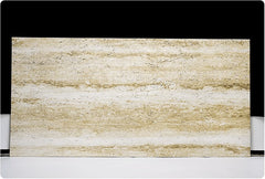 Earthy Stratum travertine flexible stone panel – Tuscan Gold variant, full sheet front view showing warm sandy-gold surface with natural horizontal stratum layering on black and white background