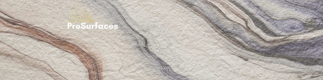 Mineral-printed flexible stone veneer featuring flowing brown and grey natural veining