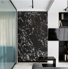 Veined Black Basalt flexible stone veneer on full-height living room feature wall – dramatic black and silver vein pattern paired with black shelving unit, track lighting and marble floor